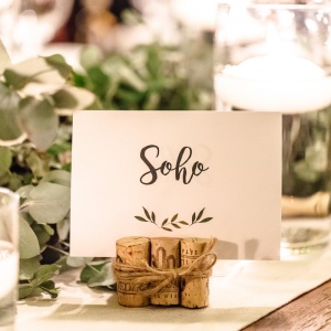 Green leaves wedding table number with cork stand 300x300 - Wood and natural wedding stationery