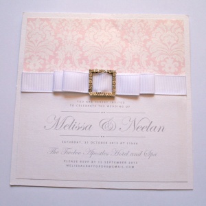 Add sparkle and glitter to your wedding stationery Pink damask diamante ribbon wedding invitation 300x300 - Add sparkle and glitter to your wedding stationery