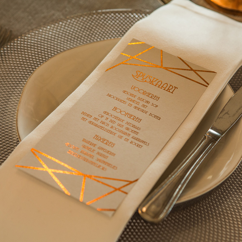 Geomtric copper foil wedding menu - Our creations on TV